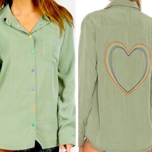 New Lauren Moshi Rainbow Embroidered Heart Snap Shirt